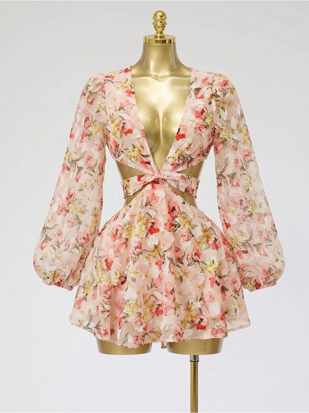 Floral Tie-Front Cutout Romper - Pink